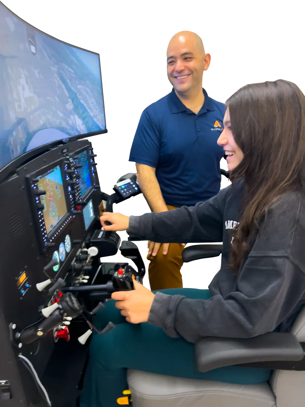Instructor and student sharing a laugh during a flight simulator session at Aviator.NYC