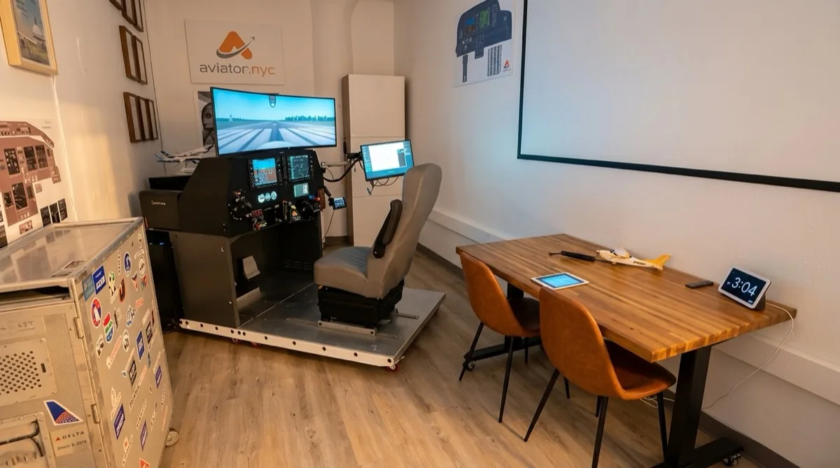 Aviator.NYC flight simulator training room with PFC GTX G1000 NXi AATD, briefing table, and Aviator.NYC branding at 131 Varick Street, Hudson Square, Manhattan