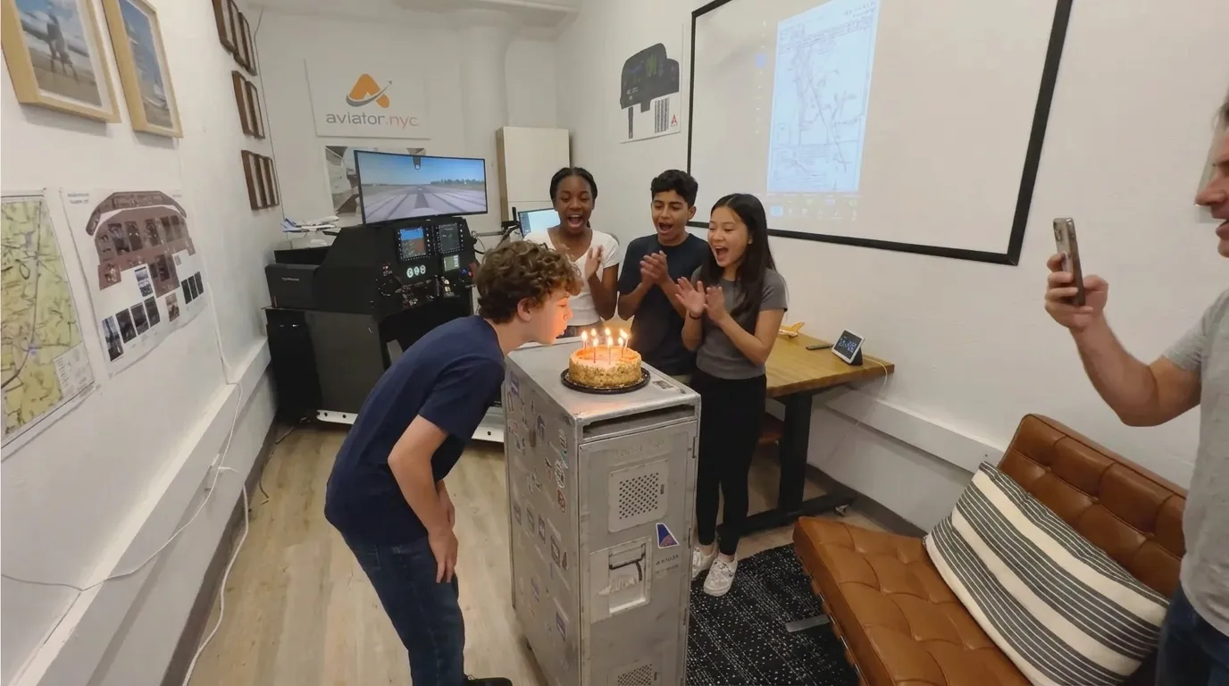 Kids celebrating a birthday with cake on a vintage airline cart at Aviator.NYC flight simulator party in Manhattan