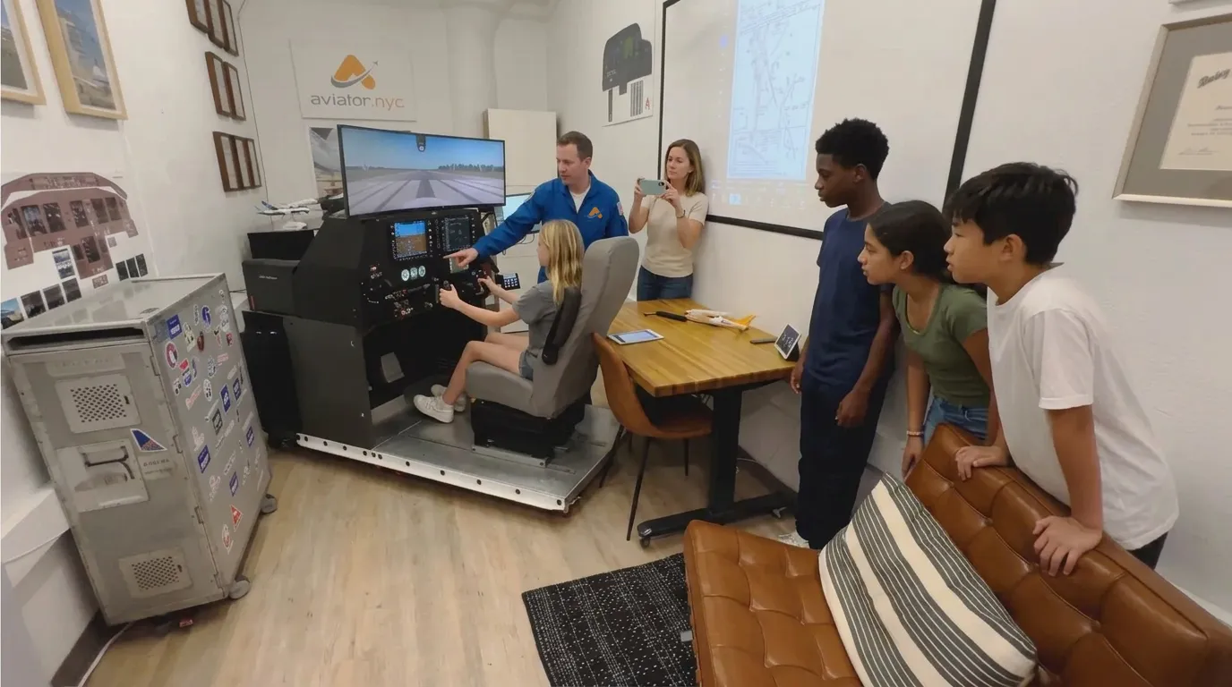 Airline pilot instructor teaching a child to fly the flight simulator while friends watch at an Aviator.NYC birthday party in Manhattan