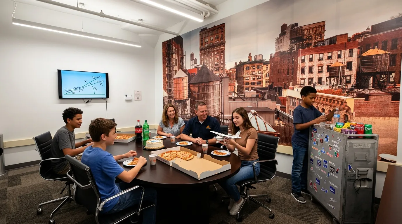 Children and parents enjoying pizza in the Aviator.NYC conference room during a flight simulator birthday party
