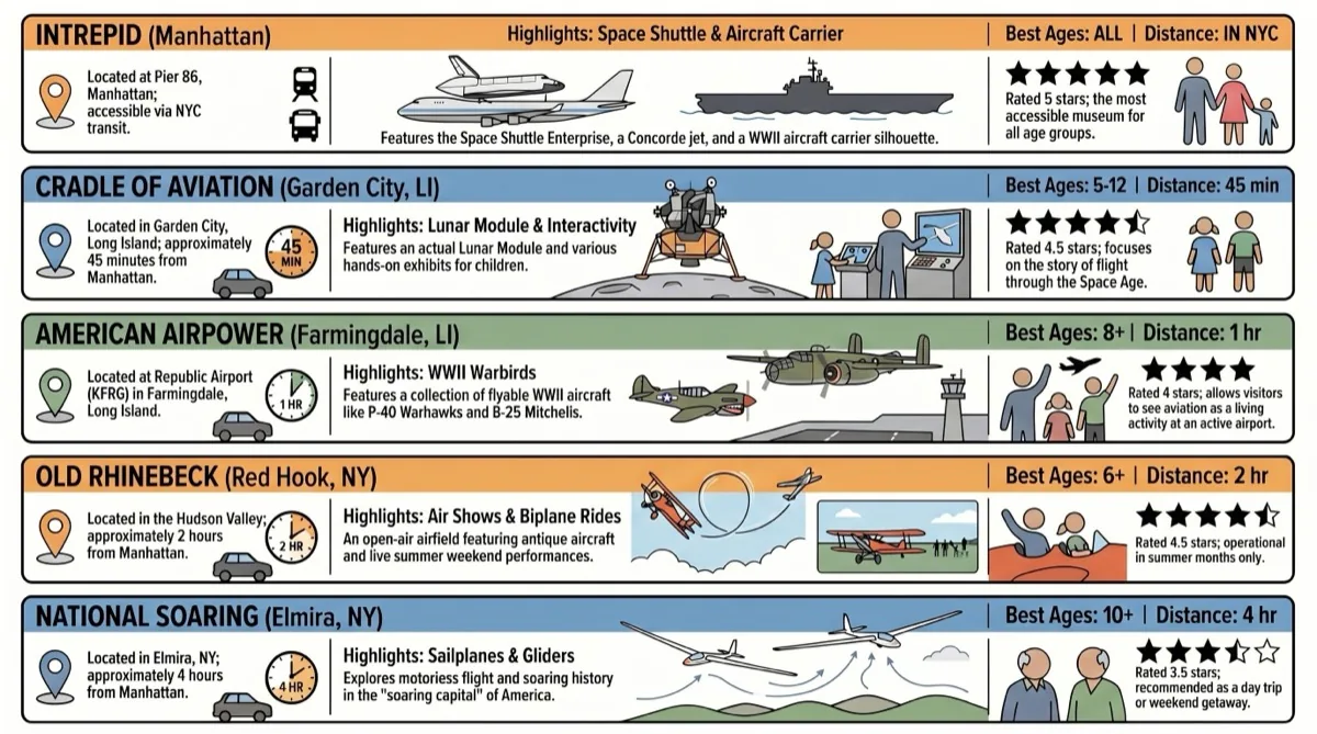 Guide to aviation museums near New York City including the Intrepid Museum in Manhattan, Cradle of Aviation on Long Island, American Airpower Museum, Old Rhinebeck Aerodrome, and National Soaring Museum with locations, highlights, and distances