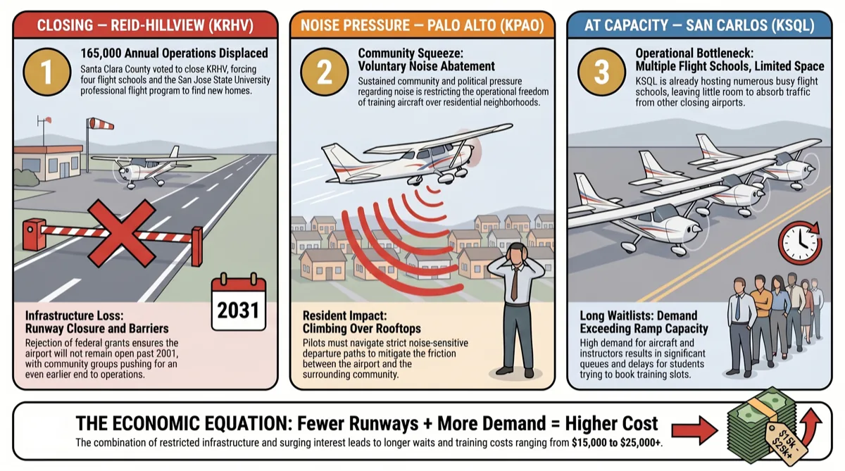 Bay Area flight training squeeze: Reid-Hillview (KRHV) closing in 2031 displacing four flight schools and 165,000 annual operations, Palo Alto (KPAO) under noise pressure, and San Carlos (KSQL) at high demand