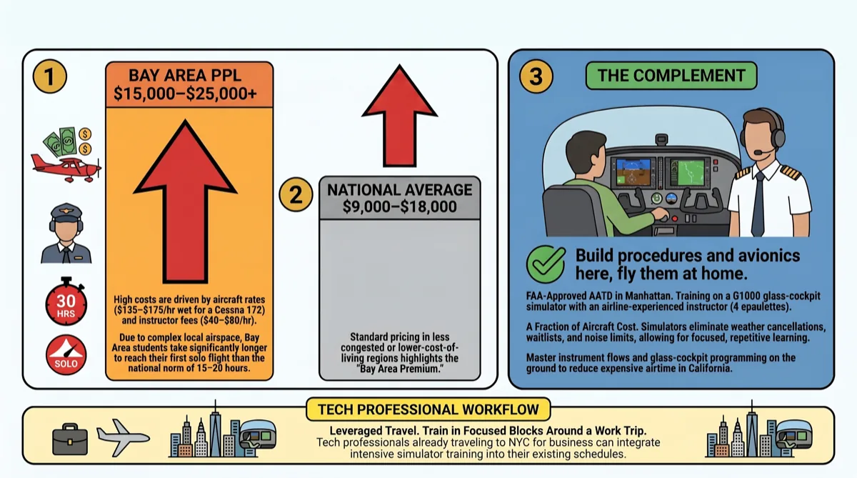 Cost comparison: a Bay Area private pilot certificate runs $15,000–$25,000+ versus a national average of $9,000–$18,000, with NYC simulator training on an FAA-approved G1000 AATD as a lower-cost complement