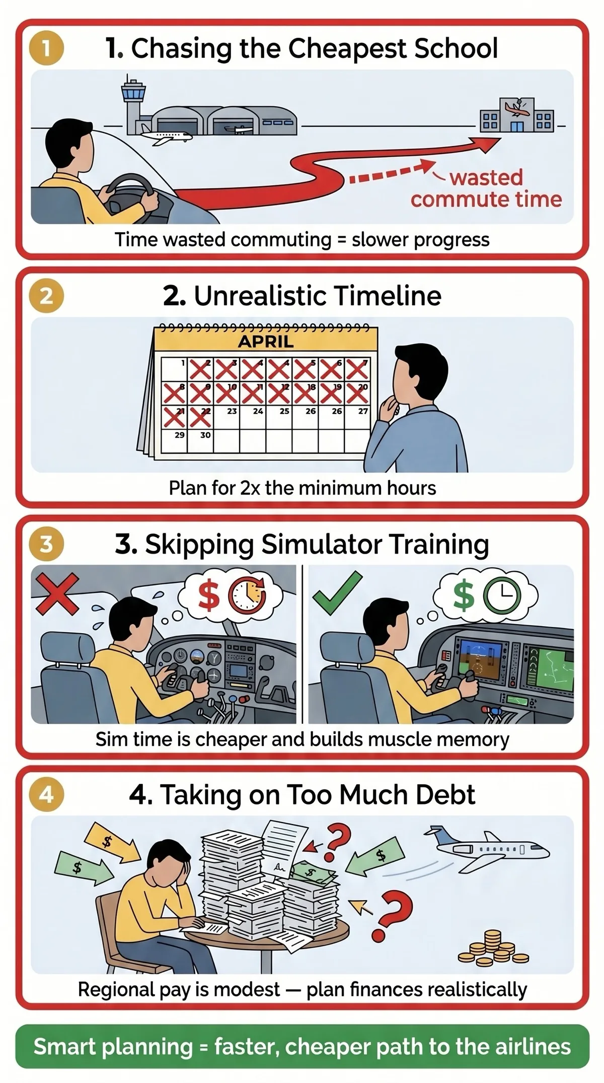 Four common career pilot mistakes: chasing cheap schools, unrealistic timelines, skipping simulator training, and excessive debt