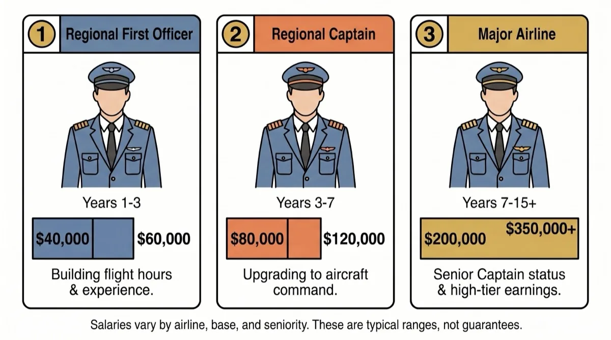 Pilot salary progression from $40-60K regional first officer to $200-350K major airline captain over 15+ years