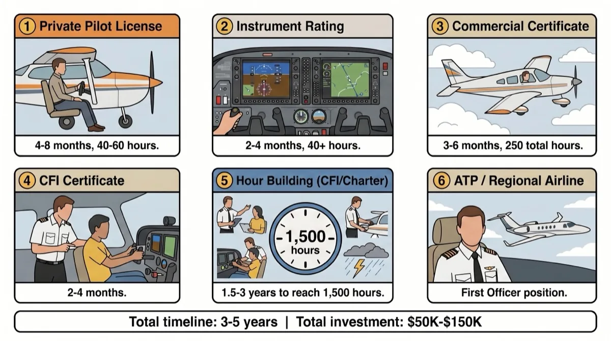 Career pilot timeline from private pilot through CFI to regional airline, showing 3-5 year path and $50K-$150K total investment