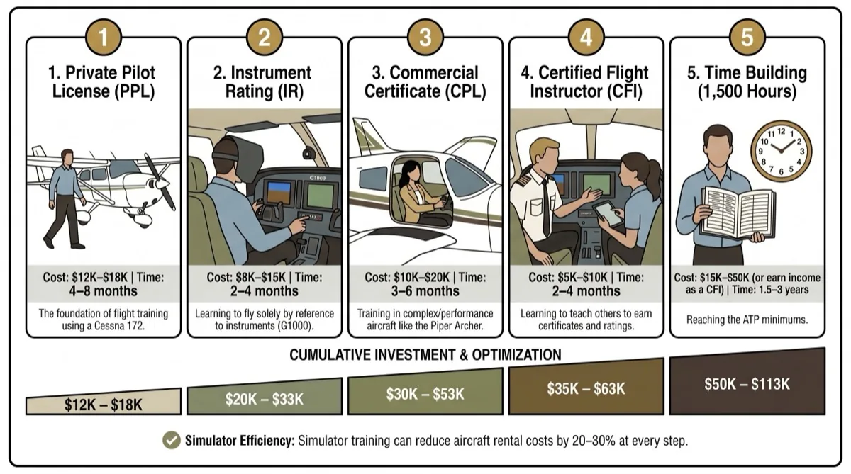 Career pilot training cost breakdown showing $12-18K private pilot through $50-113K total investment across 5 certificate stages with running total