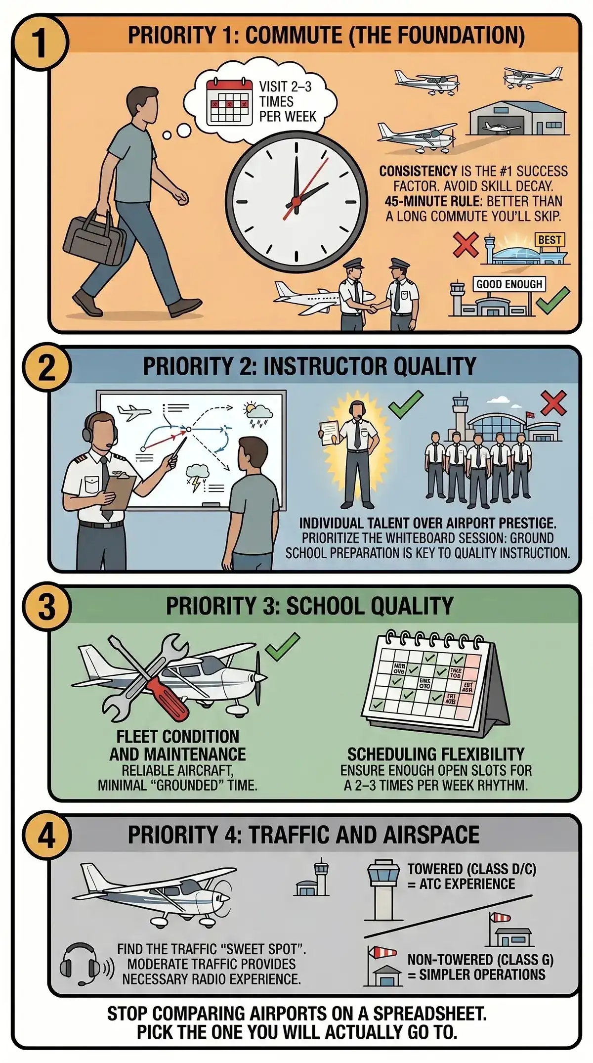 Four priorities when choosing a training airport: commute consistency, instructor quality, school quality, traffic and airspace