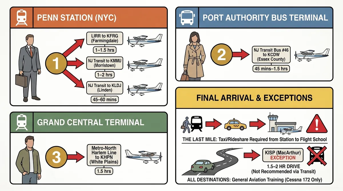 Public transit routes from Penn Station, Port Authority, and Grand Central to NYC flight training airports