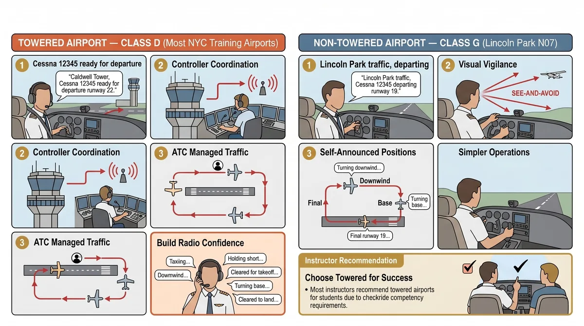 Towered Class D airport vs non-towered Class G airport training comparison with radio communication examples