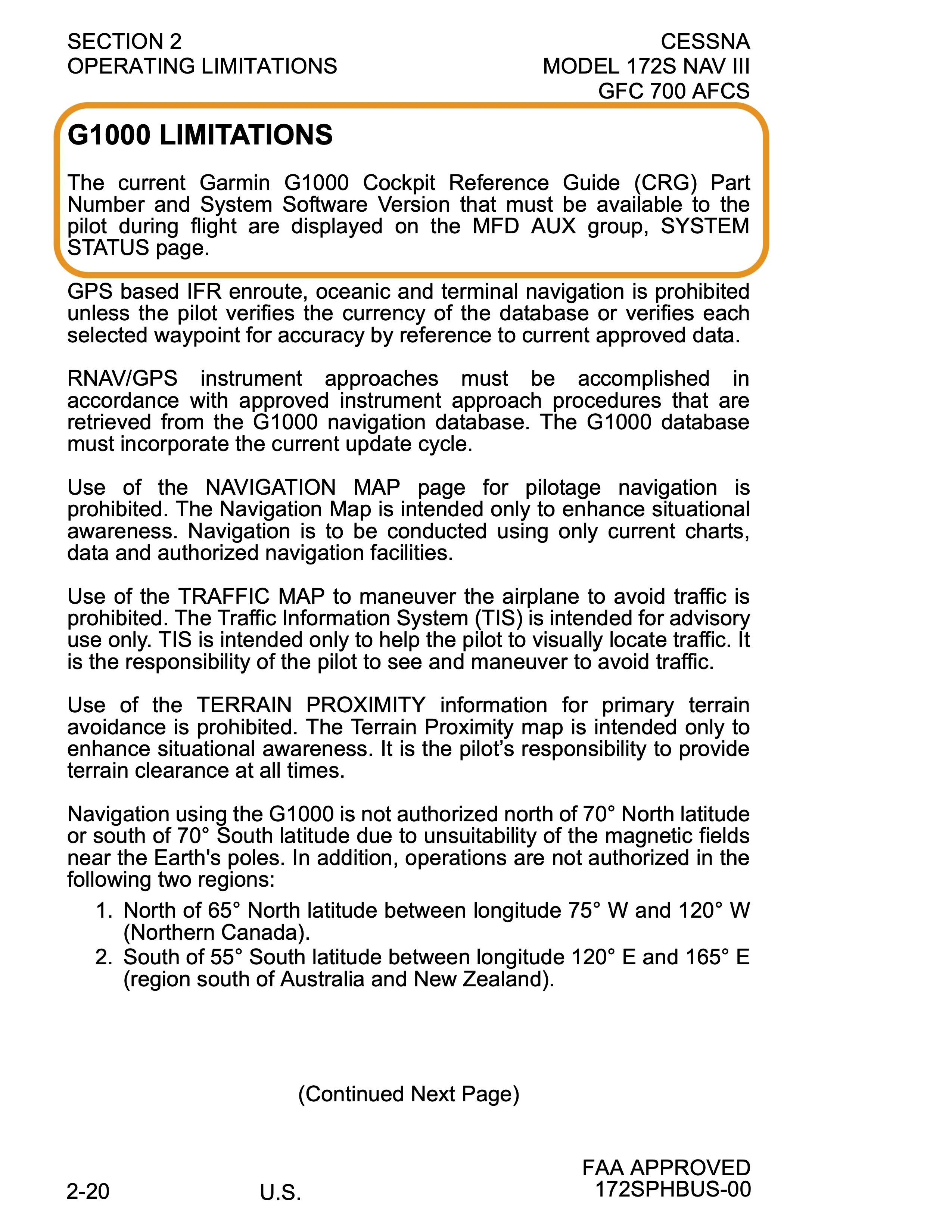 Cessna 172 G1000 AFM supplement showing navigation system limitations