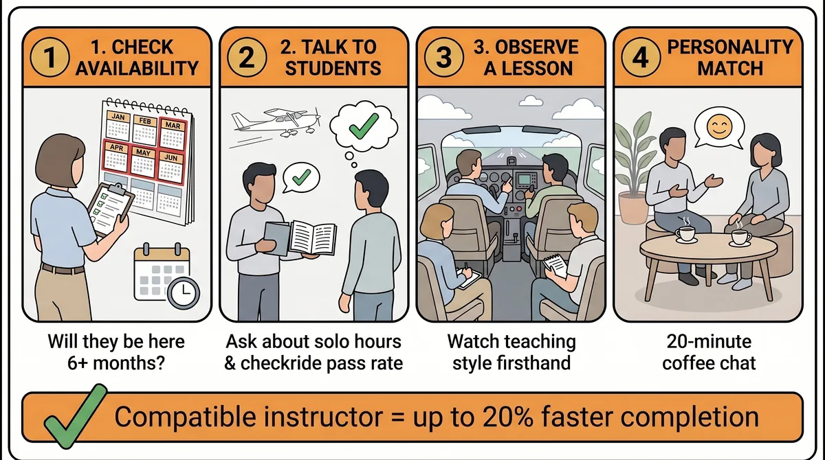 Four-step CFI evaluation checklist: check availability, talk to students, observe a lesson, personality match