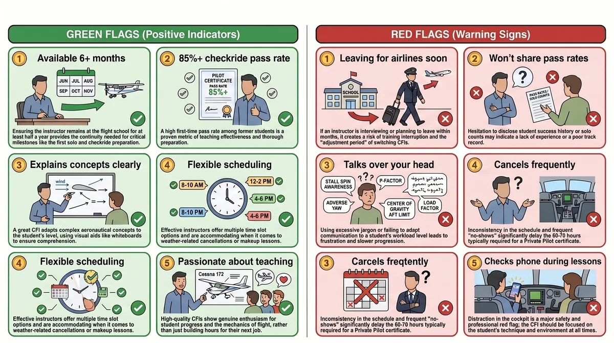 Green flags vs red flags when choosing a flight instructor: availability, pass rates, communication, scheduling