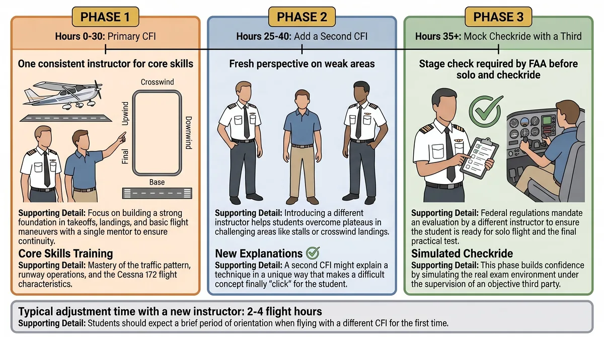 Three-phase timeline for using multiple flight instructors: primary CFI, second opinion, mock checkride