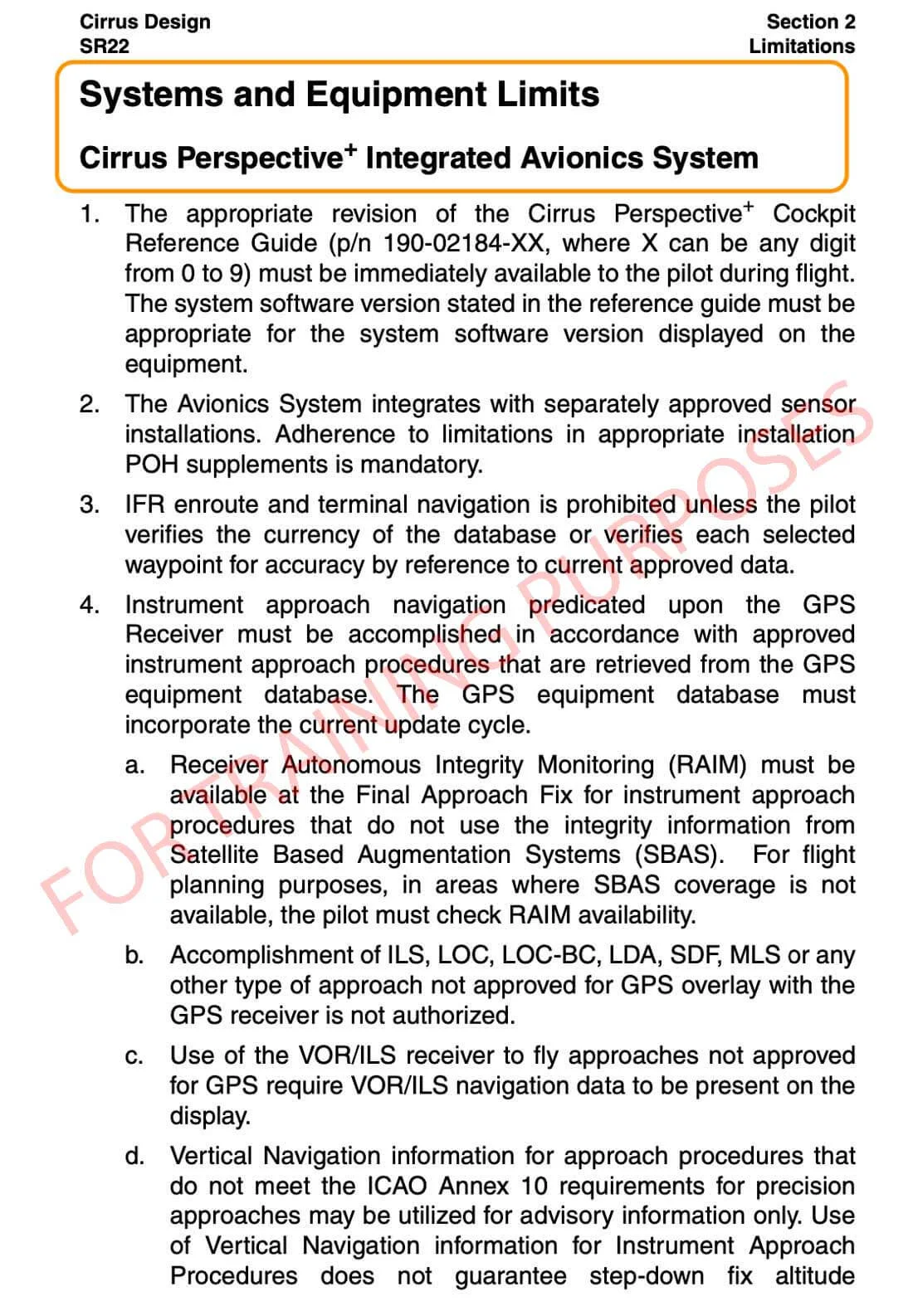 Cirrus SR-22 AFM Section 2 showing WAAS GPS and LPV approach approvals