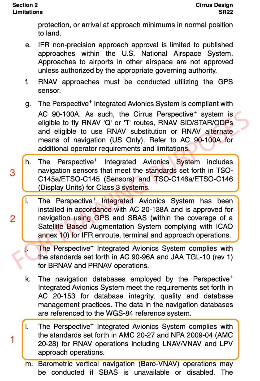 Cirrus AFM limitations page detailing TSO-C146 GPS navigation certification