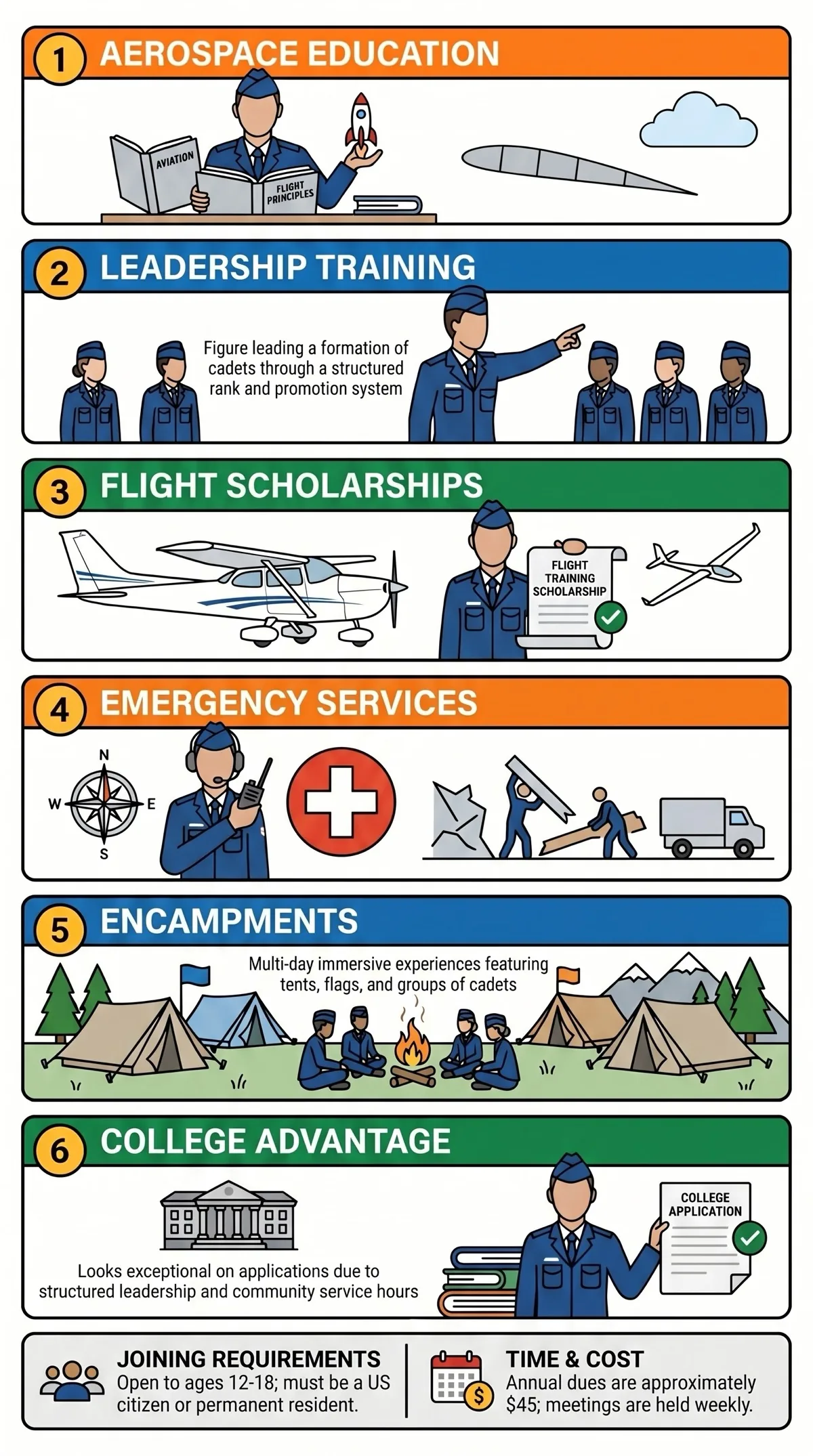 Benefits of the Civil Air Patrol cadet program for youth including aerospace education, leadership training, physical fitness, flight training scholarships, and emergency services experience