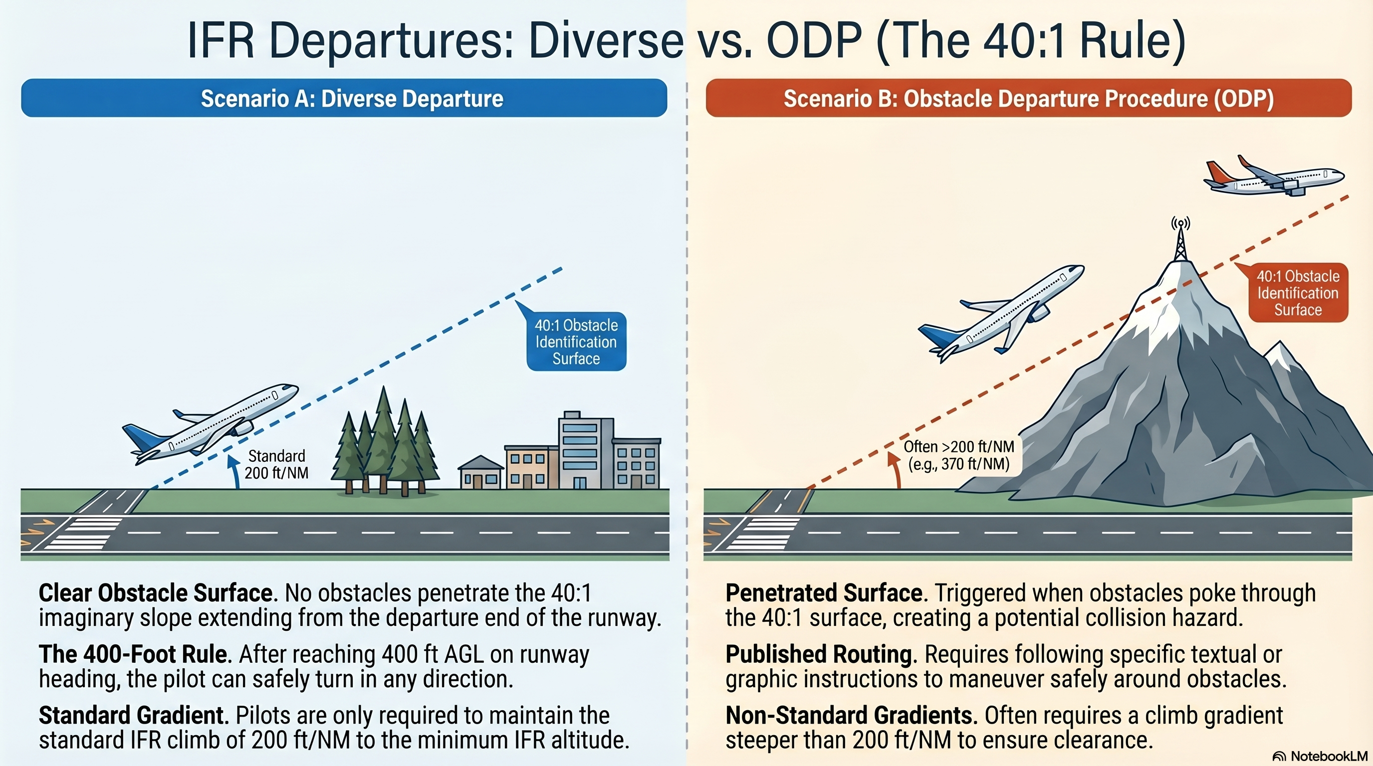 Side-by-side comparison of IFR diverse departure versus obstacle departure procedure (ODP): diverse departure shows standard 200 ft/NM gradient clearing the 40:1 obstacle identification surface, while ODP scenario shows obstacles penetrating the surface requiring steeper gradients such as 370 ft/NM and specific published routing
