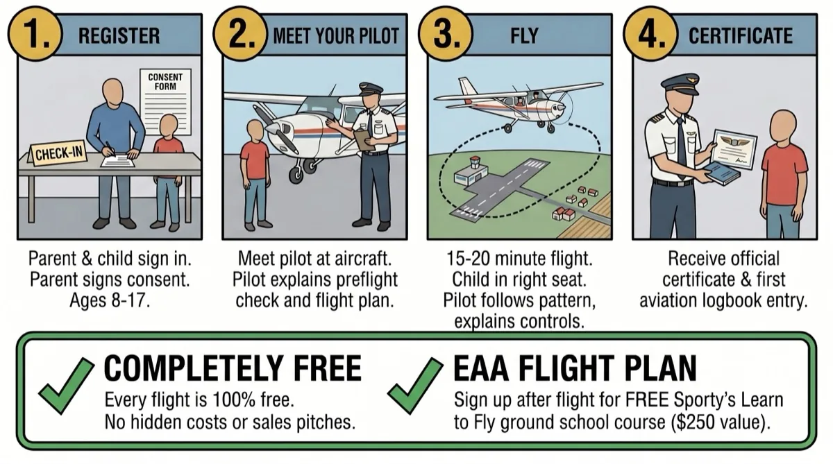 EAA Young Eagles flight day experience showing four steps: registration and parent consent, ground briefing with volunteer pilot, discovery flight in a Cessna 172, and Young Eagles logbook and certificate presentation