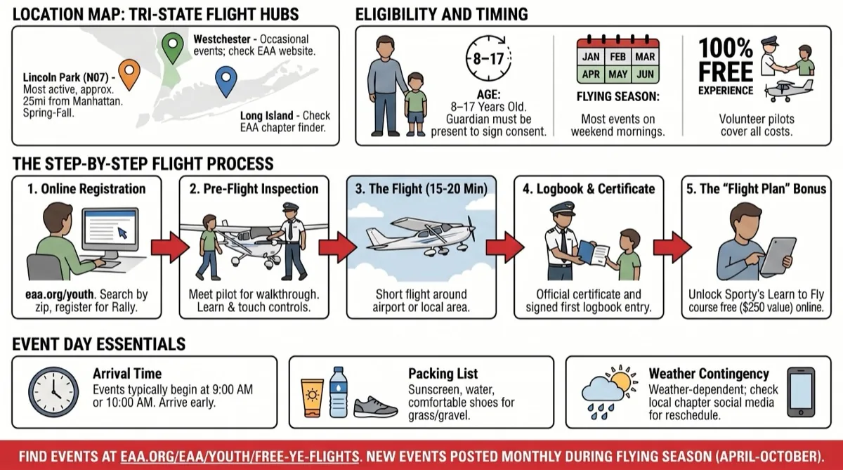 Youth aviation programs guide for NYC families comparing EAA Young Eagles free flights, Civil Air Patrol cadet program, flight simulator training, and aviation summer camps