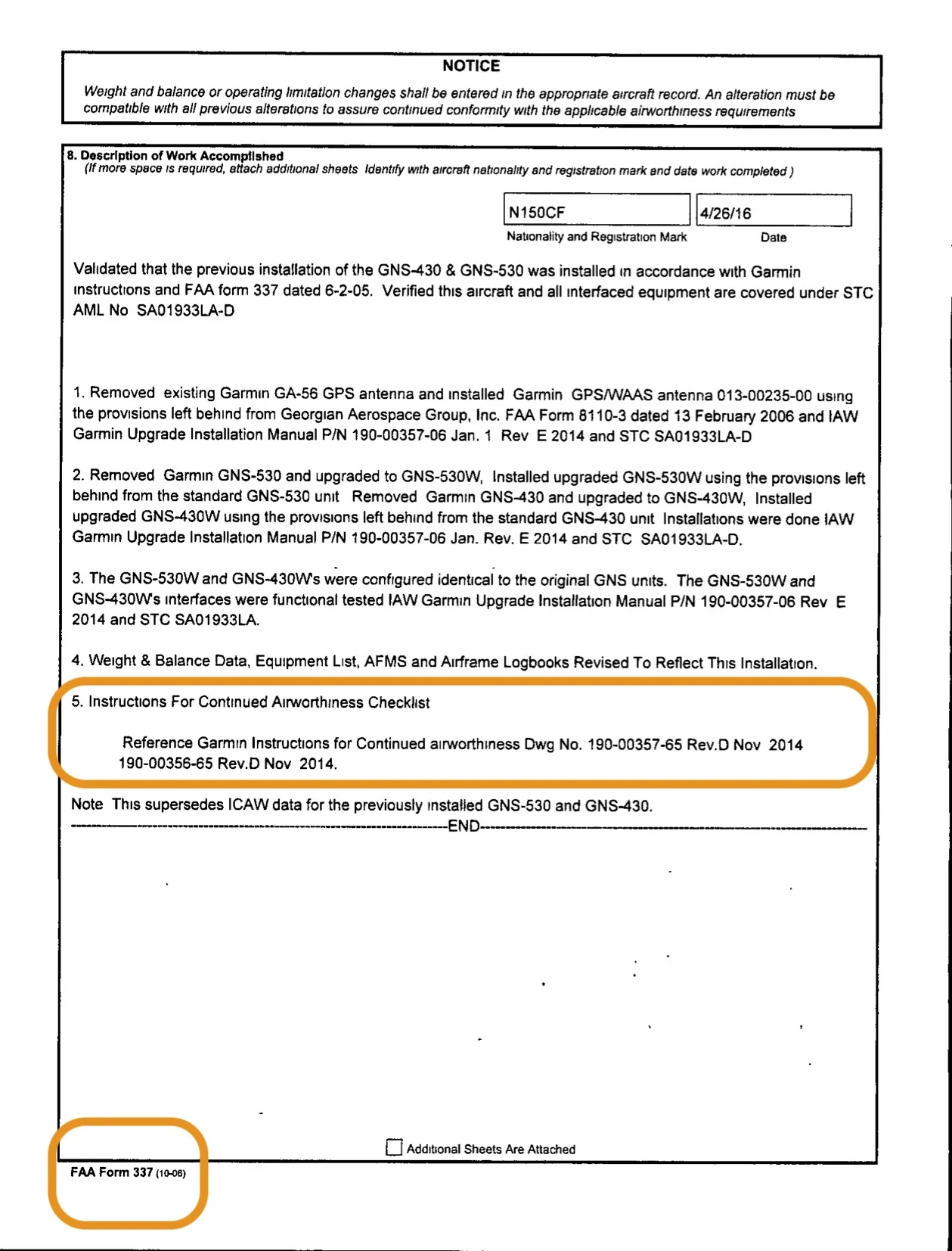 FAA Form 337 reverse side showing continued airworthiness requirements