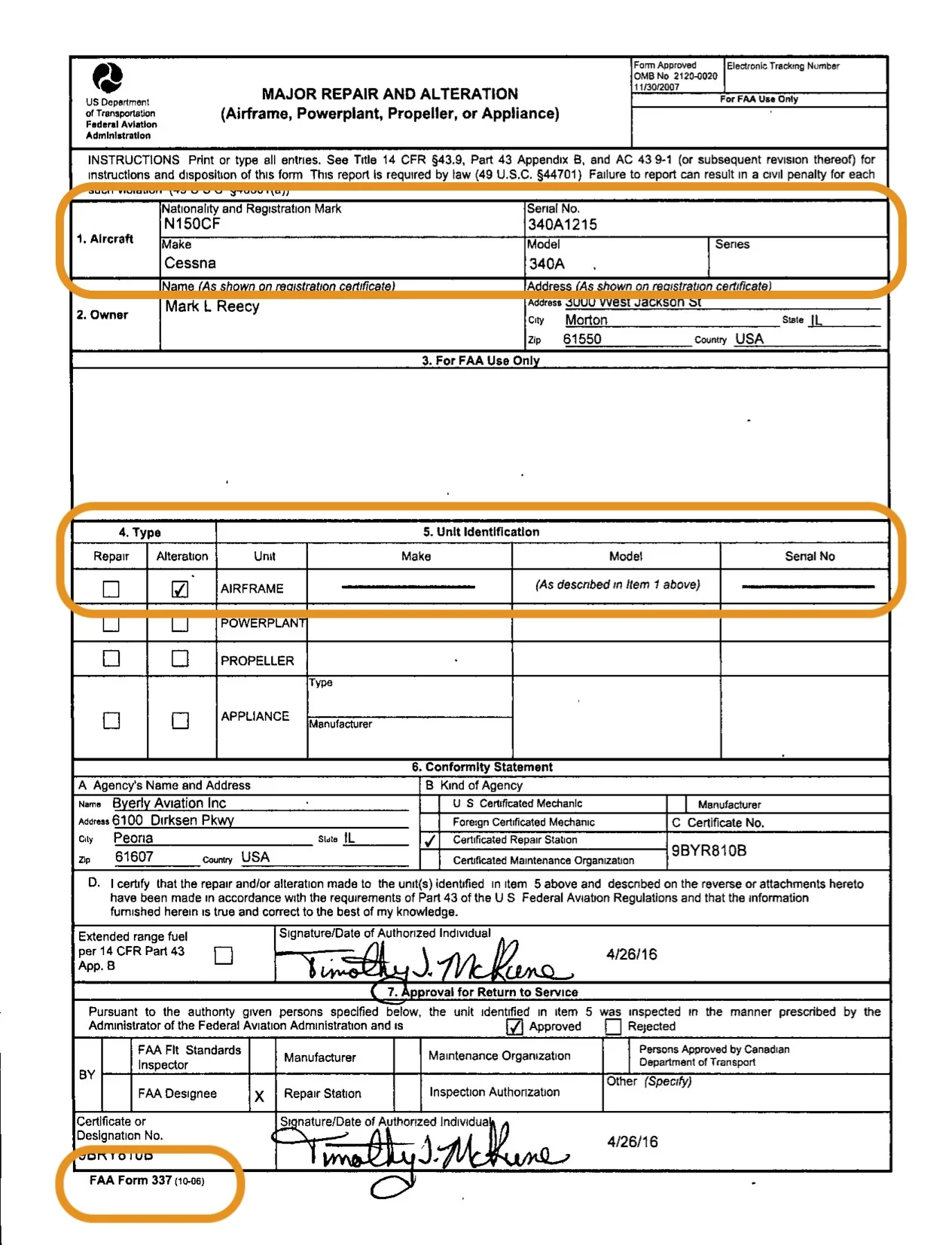 FAA Form 337 front page documenting GNS530W GPS installation approval