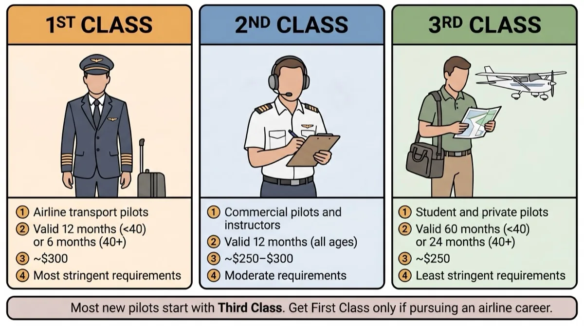 Side-by-side comparison of FAA First-Class, Second-Class, and Third-Class medical certificates showing who needs each class, validity periods by age, and typical costs
