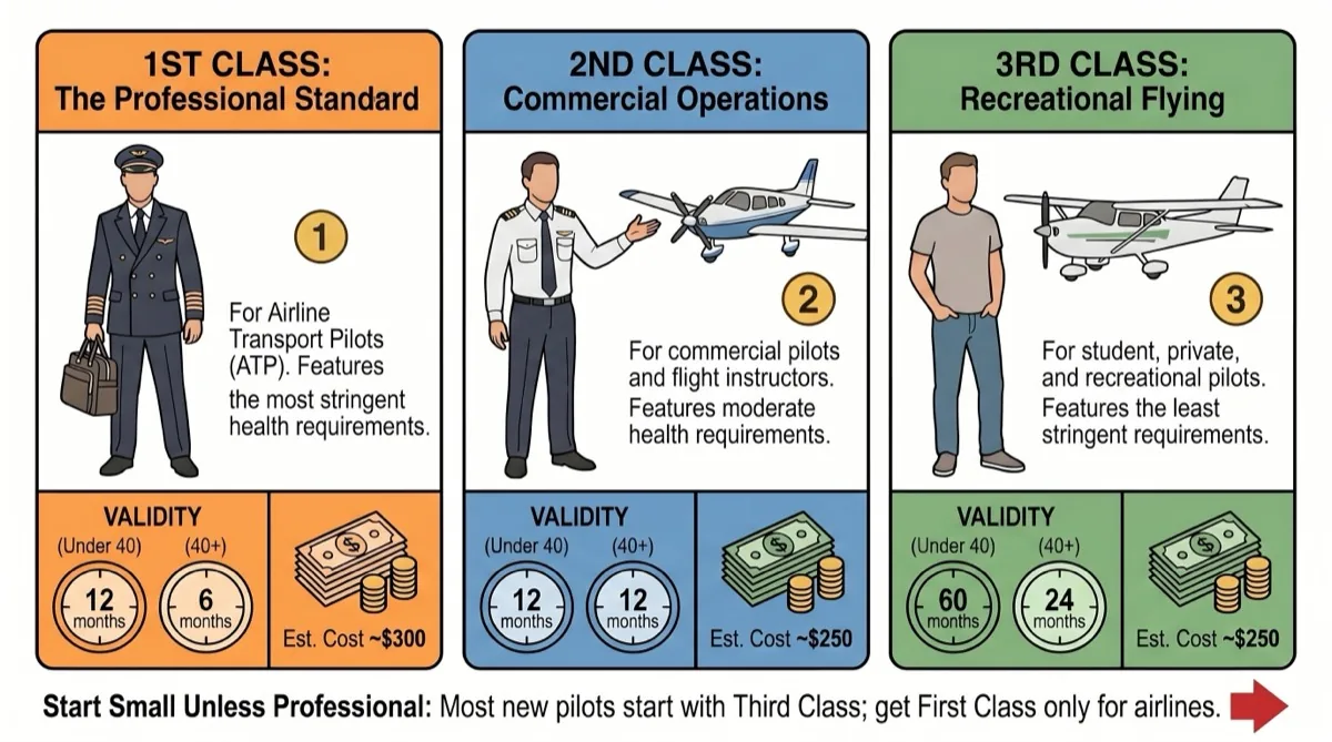 FAA medical certificate validity periods showing how First-Class downgrades to Second-Class then Third-Class as each tier expires based on pilot age