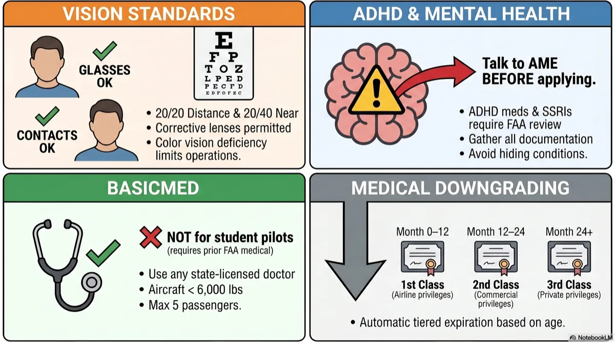 Overview of FAA medical standards including vision requirements, hearing standards, cardiovascular health, and common disqualifying conditions with paths to special issuance