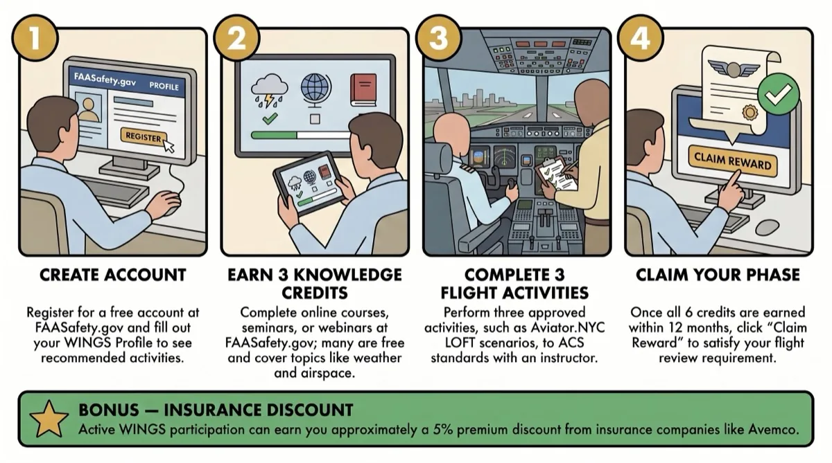 How the FAA WINGS proficiency program works showing three credit types — knowledge activities, flight activities, and simulator activities — and how completing all three in each category finishes a phase