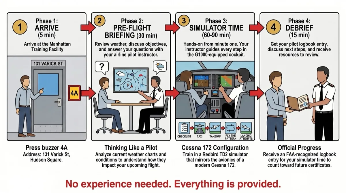 The four phases of a first flight simulator training session: pre-flight briefing, basic aircraft controls, simple maneuvers, and post-flight debrief