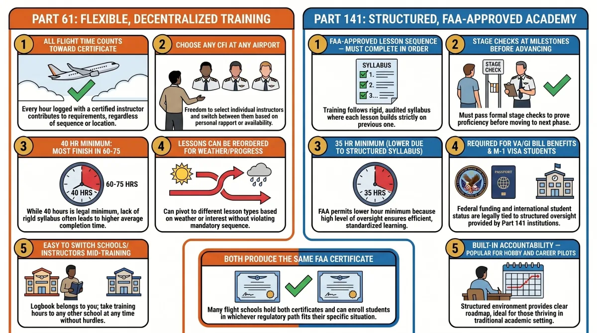 Part 61 vs Part 141 flight training comparison — lesson flexibility, hour minimums, stage checks, VA benefits, and accountability