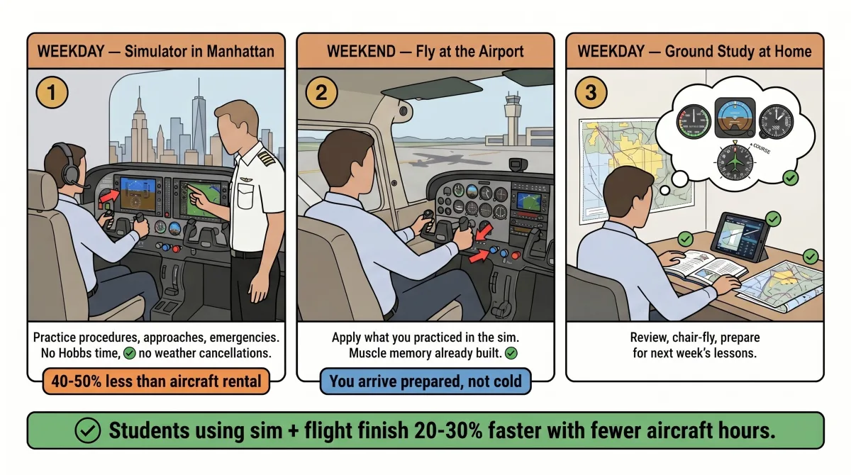 Sample training week combining weekday simulator sessions in Manhattan with weekend flying at the airport
