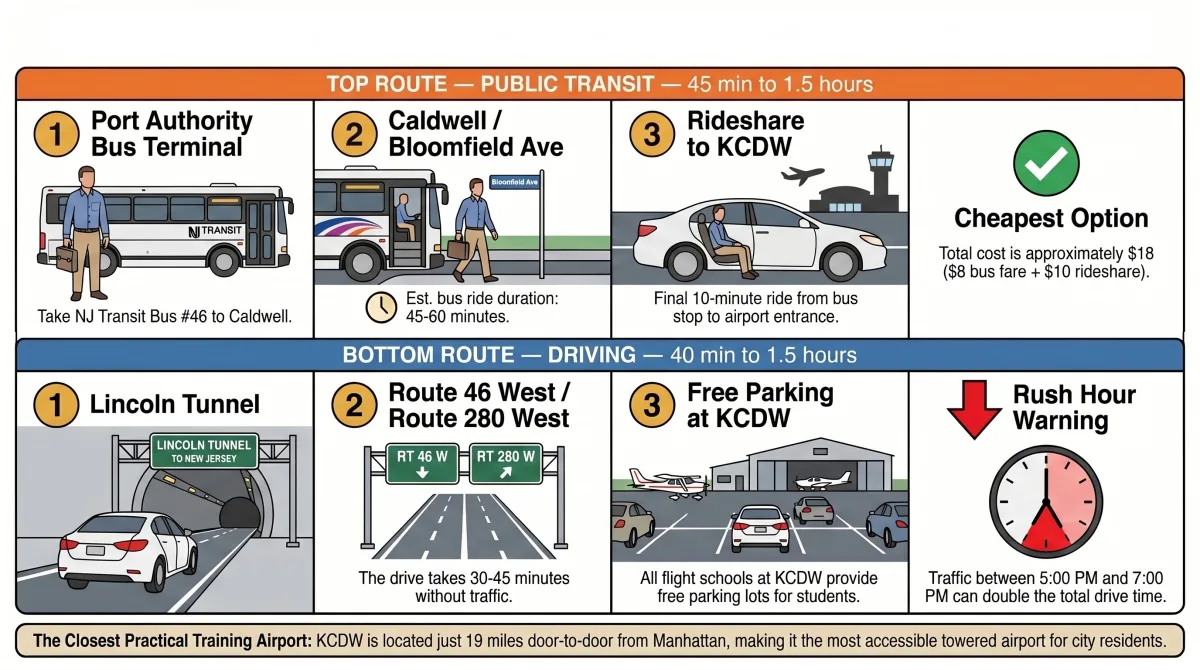Two commute routes from Manhattan to Essex County Airport KCDW — NJ Transit bus and driving via Lincoln Tunnel
