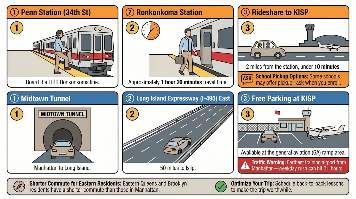 Two commute routes from Manhattan to MacArthur Airport KISP — LIRR train to Ronkonkoma and driving via Midtown Tunnel