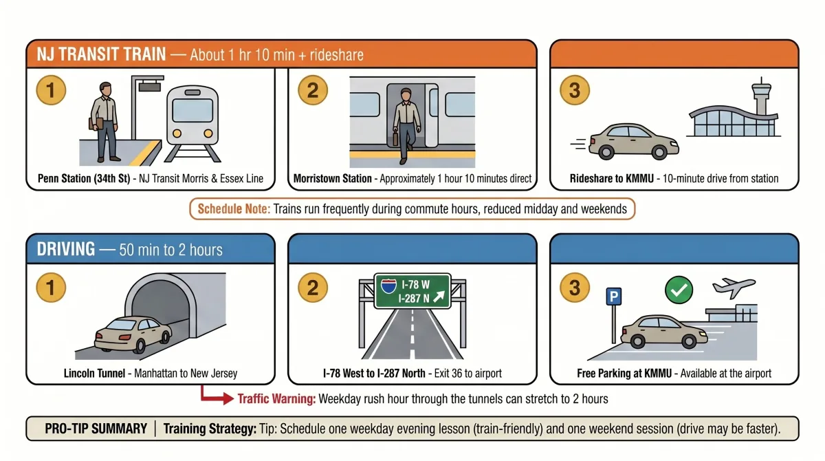 Two commute routes from Manhattan to Morristown Airport KMMU — NJ Transit train and driving via Lincoln Tunnel