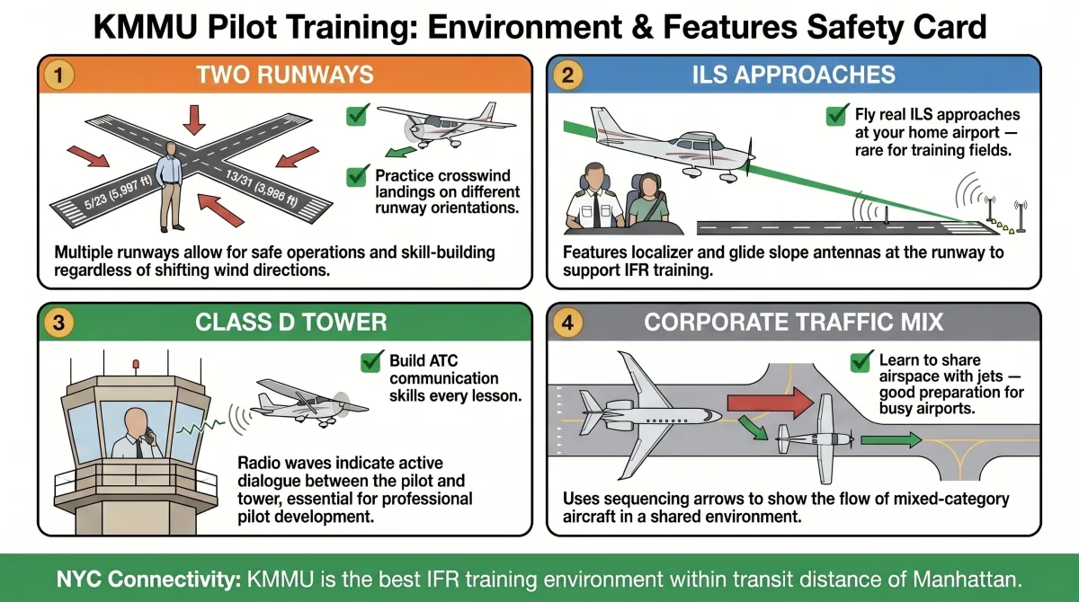 Morristown Airport KMMU training features — two runways, ILS approaches, Class D tower, and corporate traffic