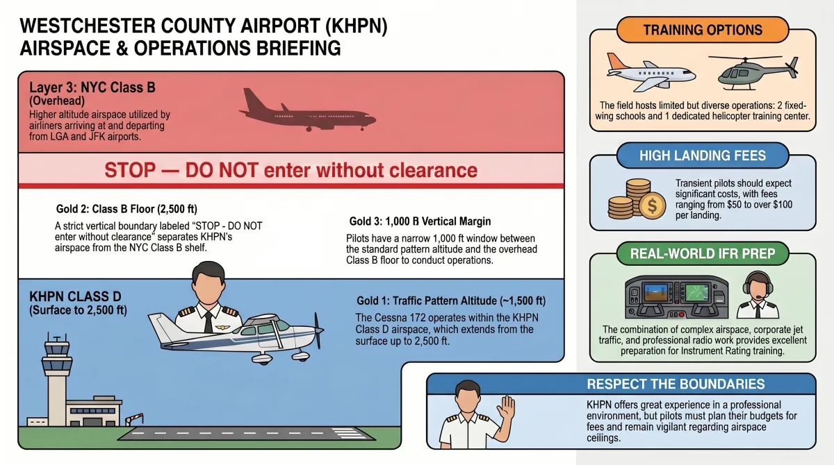 Westchester Airport KHPN airspace showing Class D under NYC Class B shelf — complex training environment