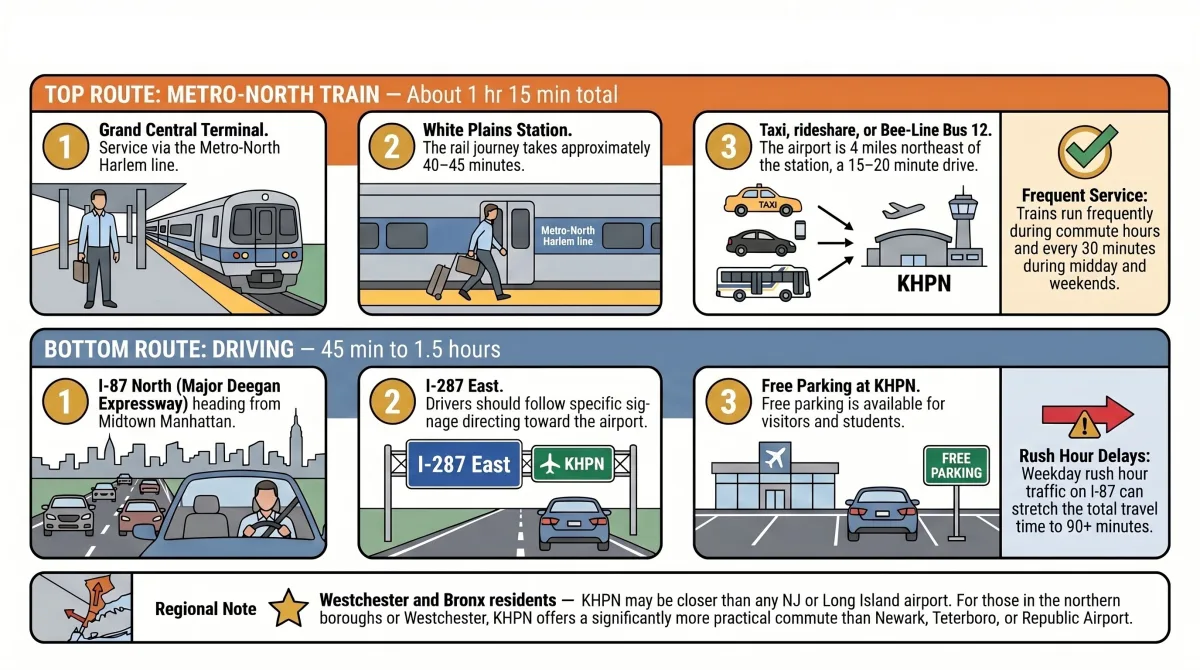 Two commute routes from Manhattan to Westchester Airport KHPN — Metro-North train from Grand Central and driving via I-87