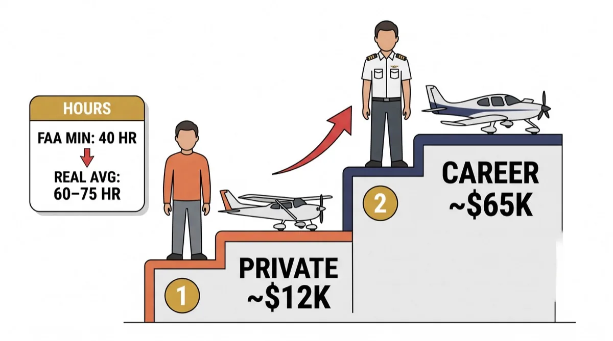 What it costs to become a pilot: private ~$12K, career path ~$65K Pilot training cost ladder: a private pilot certificate at a median of about $12,000, stepping up to a full career or zero-to-hero commercial path at about $65,000 — with a callout that the FAA minimum is 40 hours but the real national average is 60–75 hours