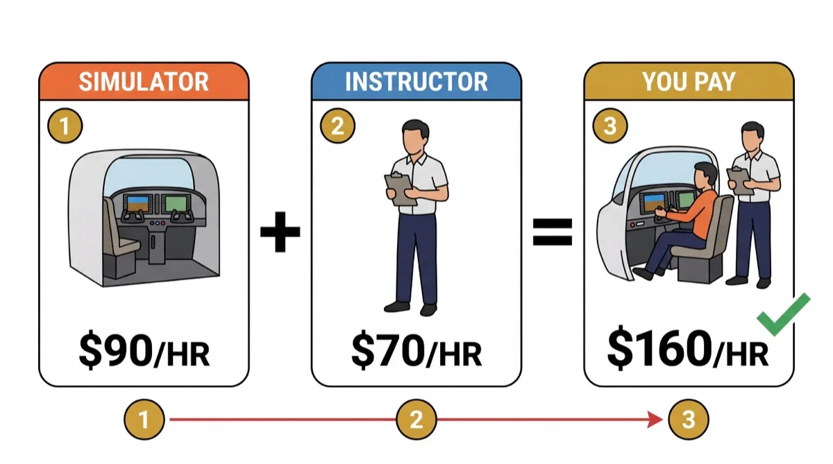 Reading a flight training rate sheet: device rate + instructor rate = your real hourly cost How a flight-school rate sheet adds up: a $90 per hour simulator plus a $70 per hour instructor equals $160 per hour that you actually pay