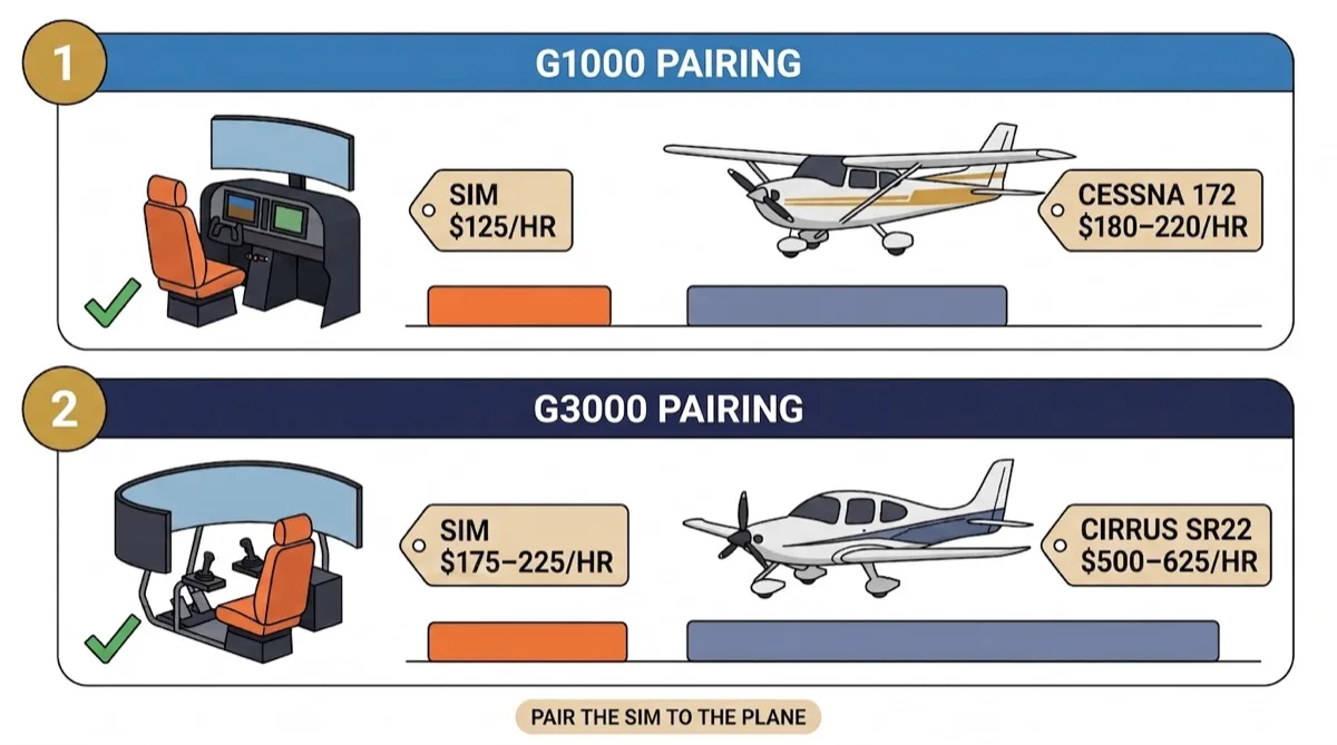Simulator vs real aircraft hourly cost, paired by panel: G1000 sim vs Cessna 172, G3000 sim vs Cirrus SR22 Like-for-like hourly cost pairings: a G1000-class simulator at about $125 versus a G1000 Cessna 172 at $180–220 per hour, and a Cirrus G3000-class simulator at $175–225 versus a real Cirrus SR22 at $500–625 per hour, shown with to-scale bar charts