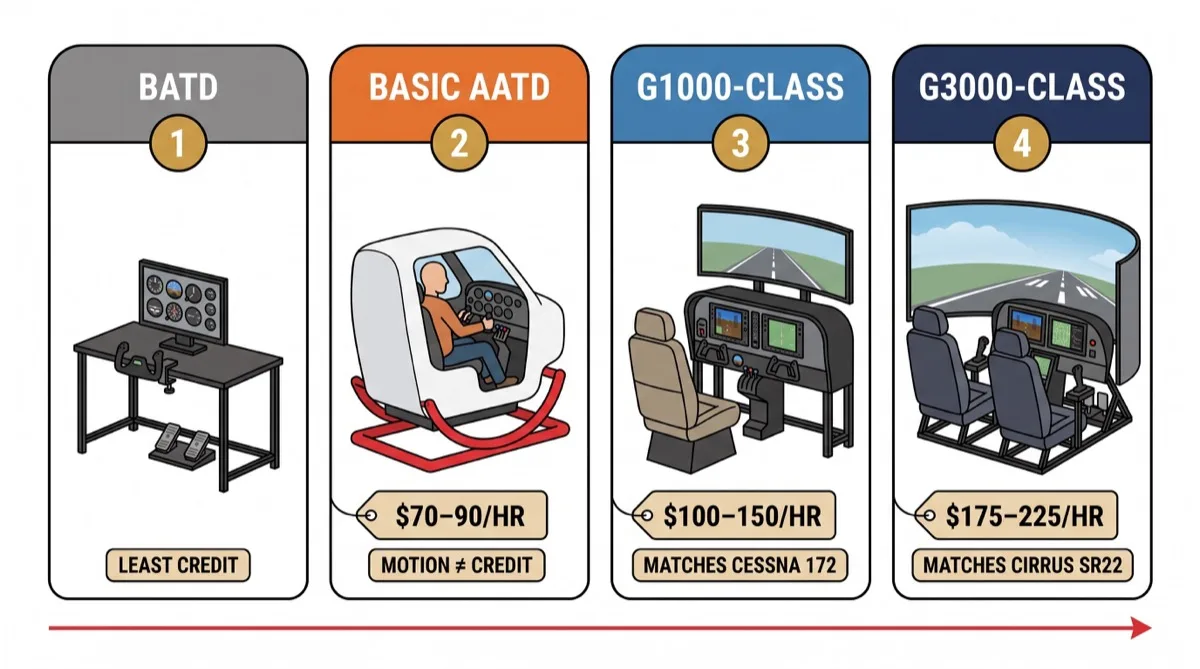 Flight simulator classes and hourly rates: BATD, basic AATD, G1000-class, Cirrus G3000-class The four classes of flight simulator: a tabletop BATD desk trainer; a basic AATD motion cab at $70–90 per hour where motion earns no extra FAA credit; a G1000-class AATD training station matching a Cessna 172 panel at $100–150 per hour; and a Cirrus G3000-class device with touchscreen Perspective-style cockpit at $175–225 per hour