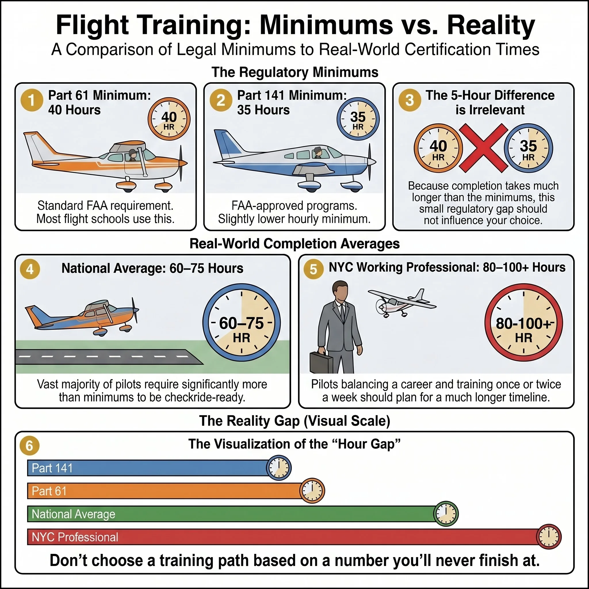 Flight training hours comparison showing FAA minimums versus real-world completion times. Part 61 minimum is 40 hours, Part 141 minimum is 35 hours, but the 5-hour difference is irrelevant. The national average is 60 to 75 hours. NYC working professionals typically need 80 to 100 or more hours.