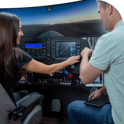 Garmin G1000 NXi AATD flight simulator cockpit at Aviator NYC showing the primary flight display and multi-function display