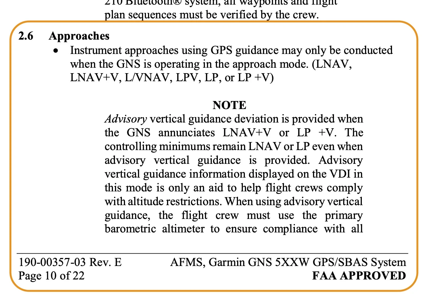 Garmin GNS 530W AFM supplement displaying IFR navigation and LPV authorization