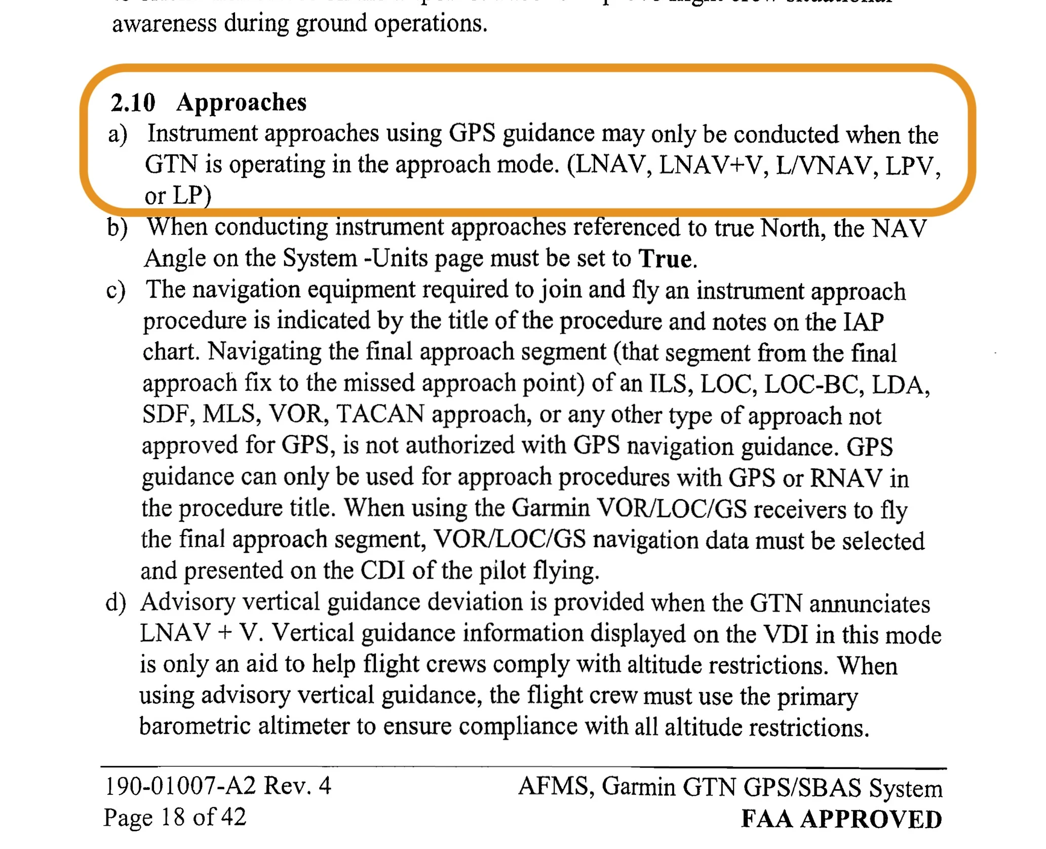 Garmin GTN 750 AFM supplement showing LPV and WAAS approach approvals