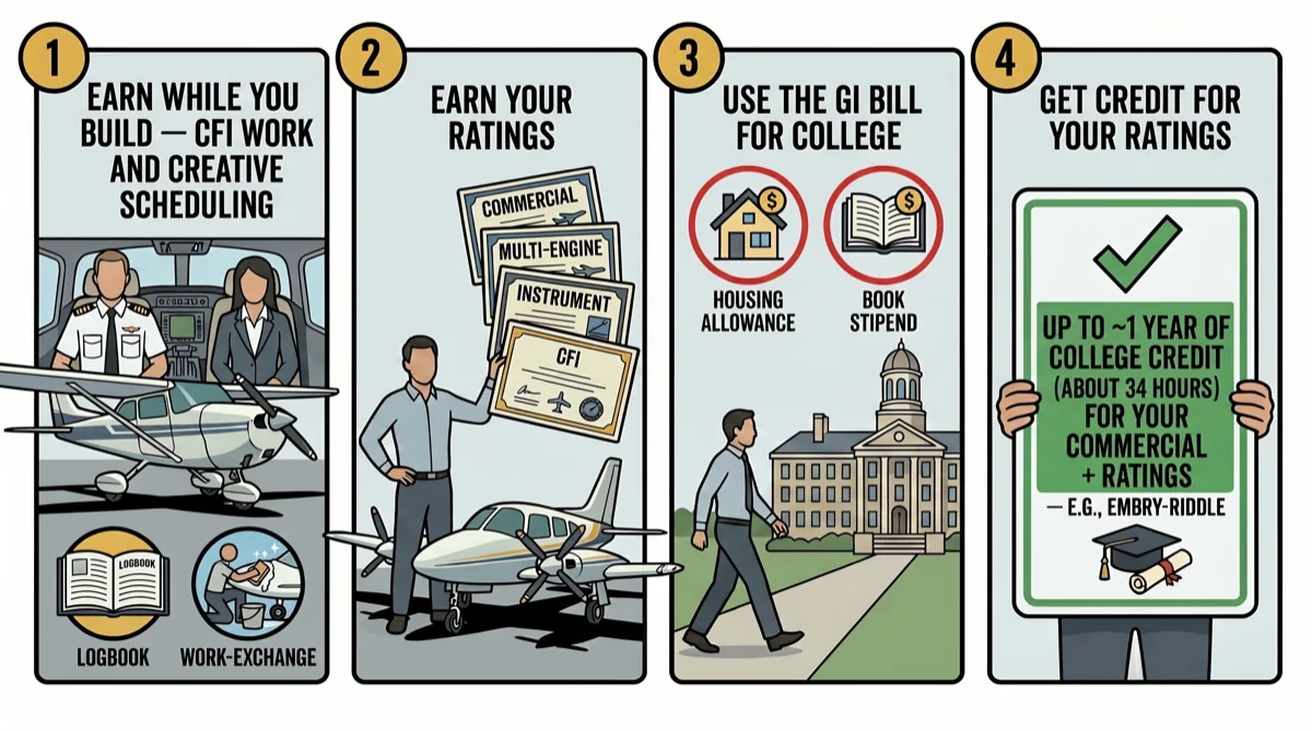 Sequence showing a pilot building flight hours through CFI work, earning ratings, then using the GI Bill to fund a college degree that grants credit for those ratings Sequence showing a pilot building flight hours through CFI work, earning ratings, then using the GI Bill to fund a college degree that grants credit for those ratings