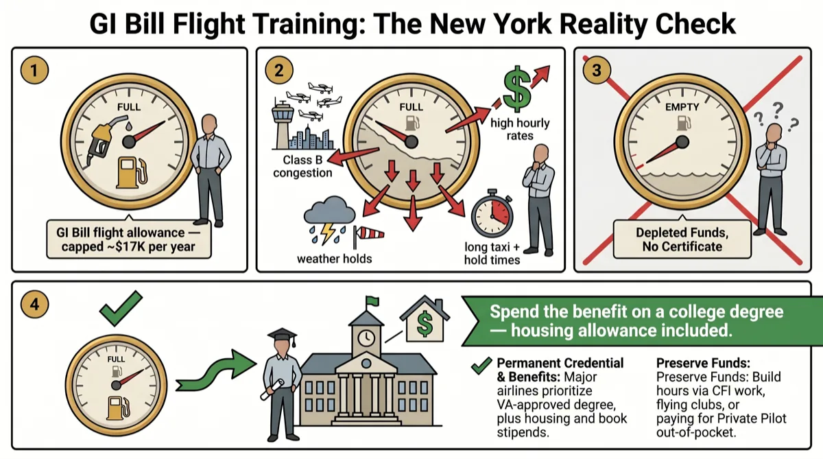 Illustration of a capped GI Bill flight allowance draining against NYC-metro costs: Class B airspace delays, weather holds, and high hourly rates Illustration of a capped GI Bill flight allowance draining against NYC-metro costs: Class B airspace delays, weather holds, and high hourly rates
